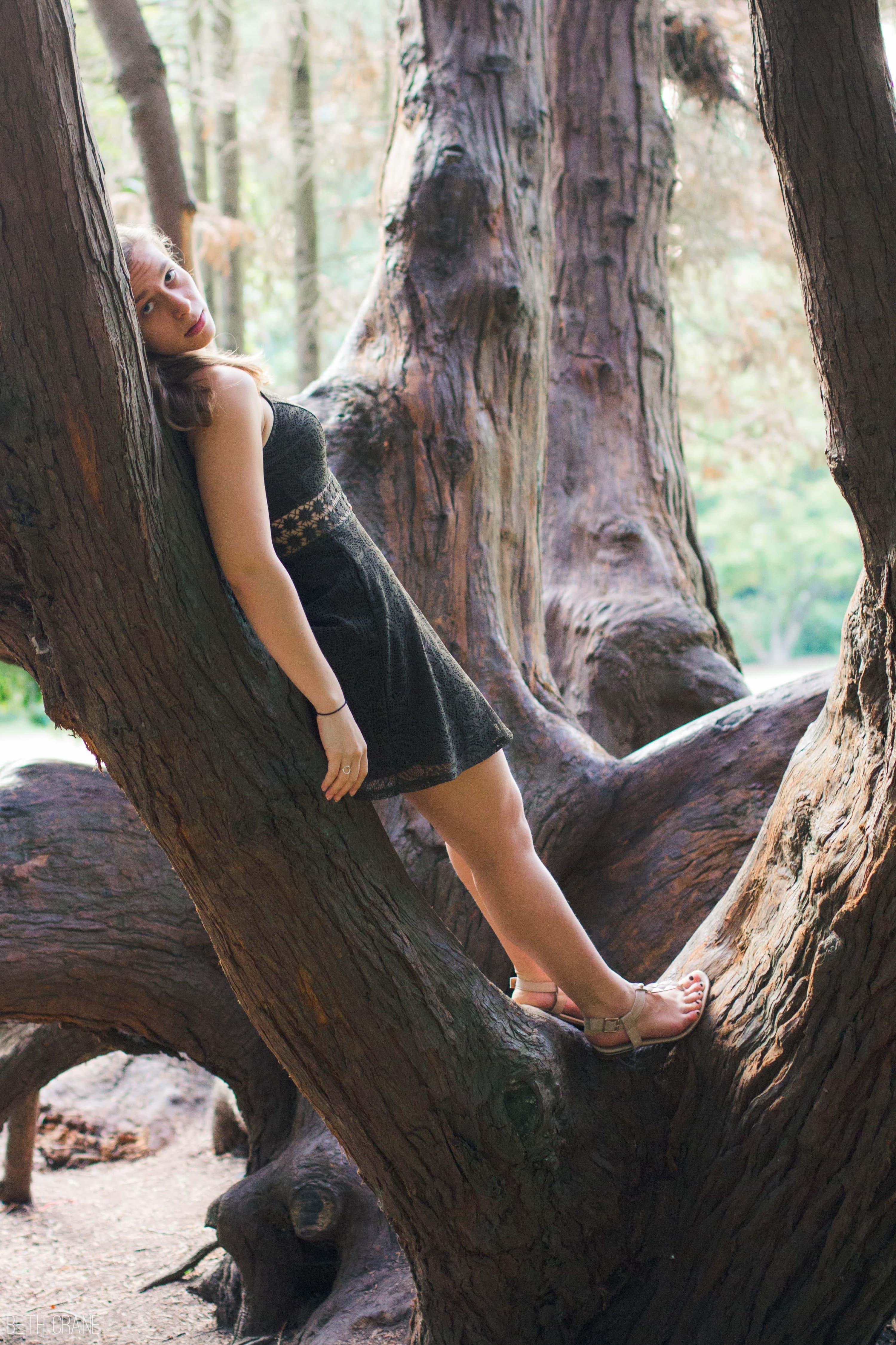 A photo of Hannah in a tree