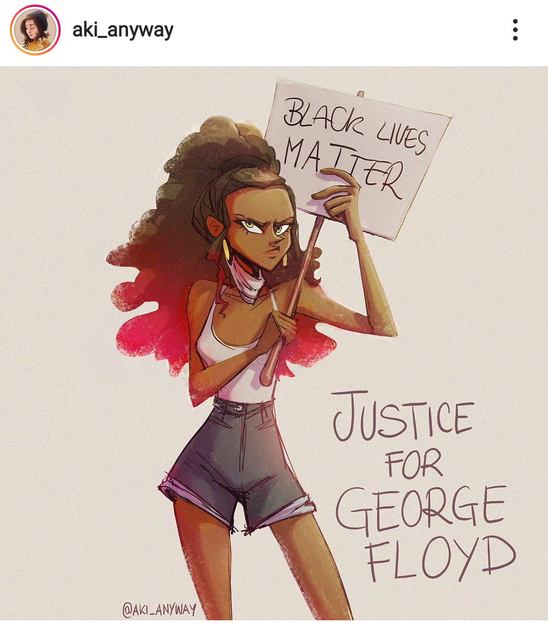 A cartoon of a black woman raising her fist, says Justice for George Floyd